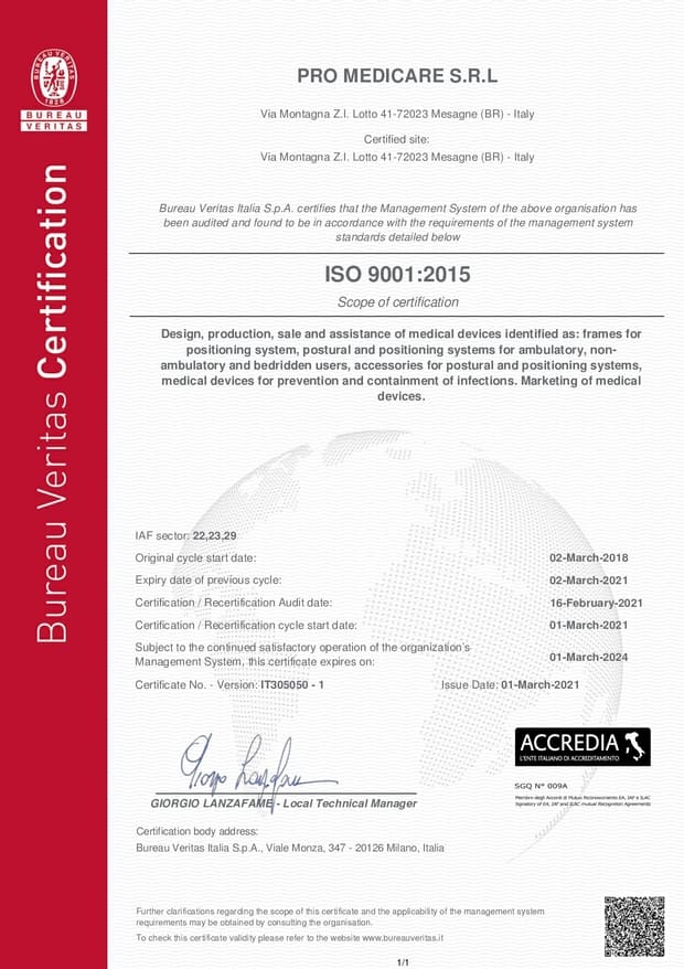 Certificato di Qualità ISO 9001 Pro Medicare S.r.l.