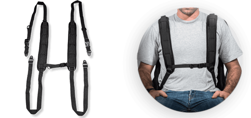 Trunk harness with elastic shoulder retractors and chest buckle closure
